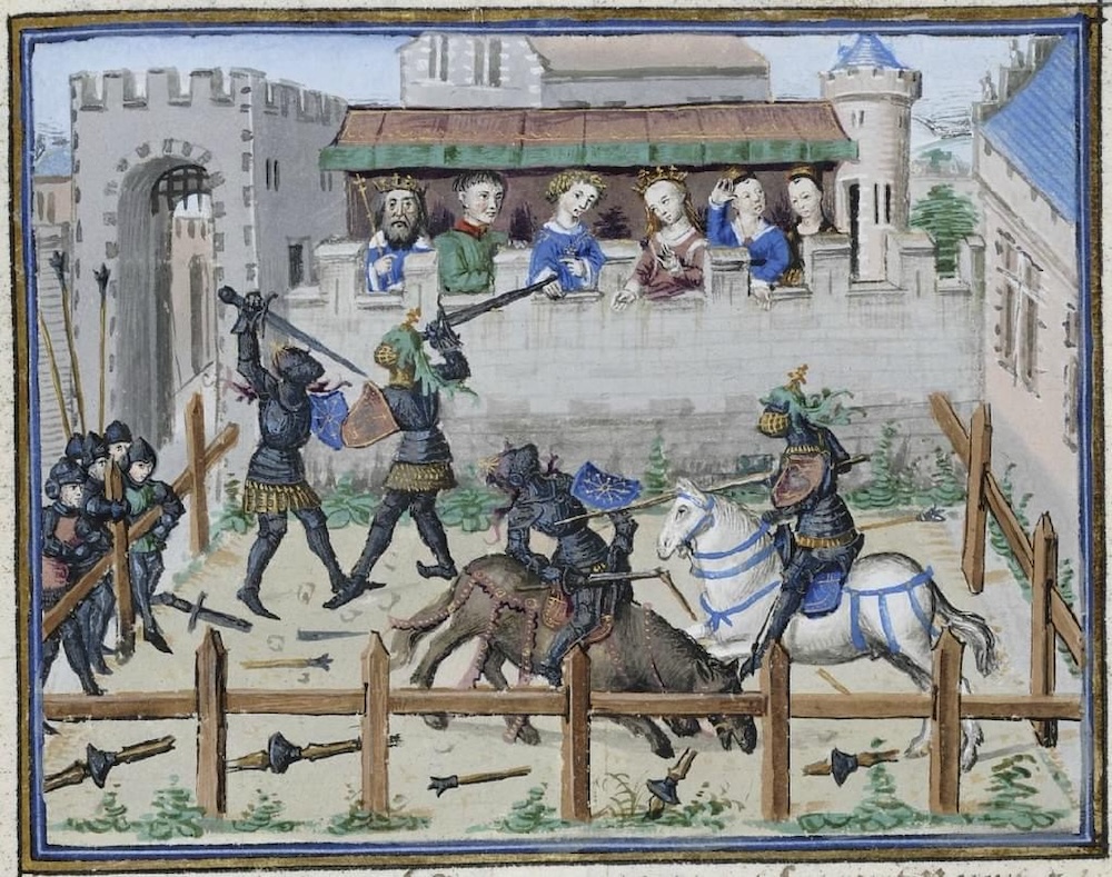 Contemporary example of a judicial duel with possible bascinets of advantage